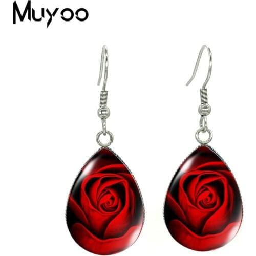 2020 New Red Rose Earring Tear drop Earring Flower Painting Hook Earrings Glass Cabochon Photo Jewelry Art Accessory