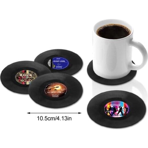 4 PCS Plastic Vinyl Record Coaster Cup Mat Black Retro Mug Coaster Pad Heat-resistant Non Slip Hot Drink Holder Home Decor