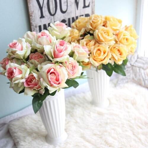 7 Rose Heads Artificial Silk Fake Flowers Leaf Rose Wedding Floral Decor Bouquet for Living Room Home Decor