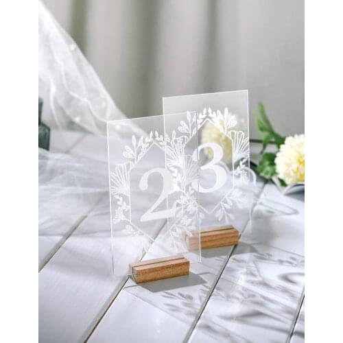Acrylic Table Numbers with Wood Base, Clear Acrylic Calligraphy Wedding Signage Clear Wood Table Number Stand