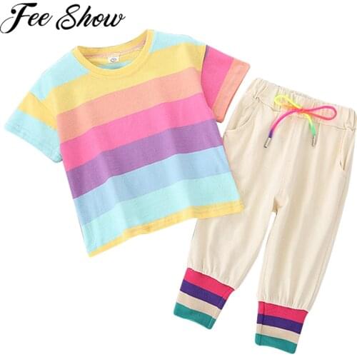 Children Clothing Summer Fashion Baby Girls Clothes Set Short Sleeve Striped T-shirt Tops Cropped Trousers Kids Tracksuit Outfit