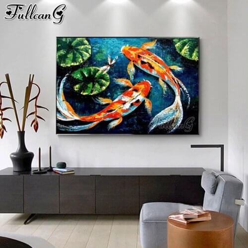 FULLCANG Fish Koi Carp 5d diy diamond painting cross stitch full square round drill rhinestone embroidery kits wall decor FG0169