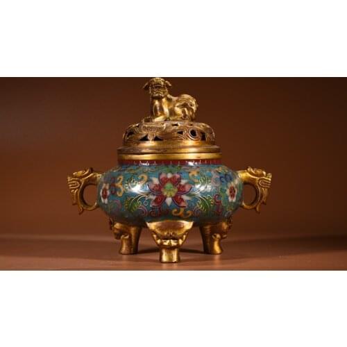 8"Chinese temple collection Old Bronze Cloisonne Enamel lion Dragon statue Binaural Three-legged incense burner Exorcism