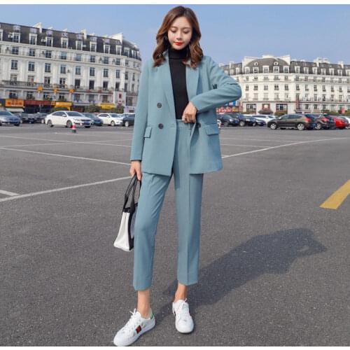 New Autumn Fashion Women Blazer Suits Vintage Double Breasted Blazer Jackets & Ankle Length Pants Casual Office Lady Suits