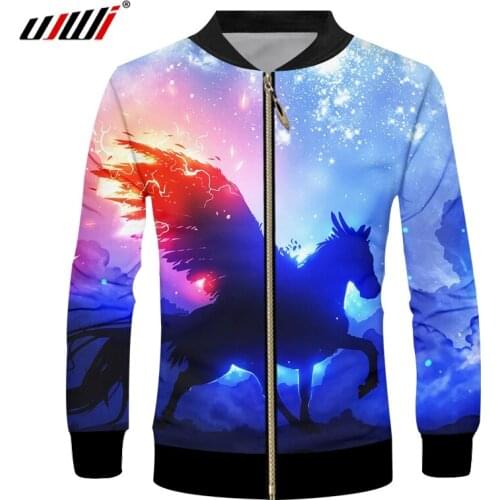 UJWI New Fashion Mens Casual Jacket Cool 3D Print Rainbow Starry Horse Zipper Jakcets Man Hip Hop Streetwear Outdoor Zip Coats