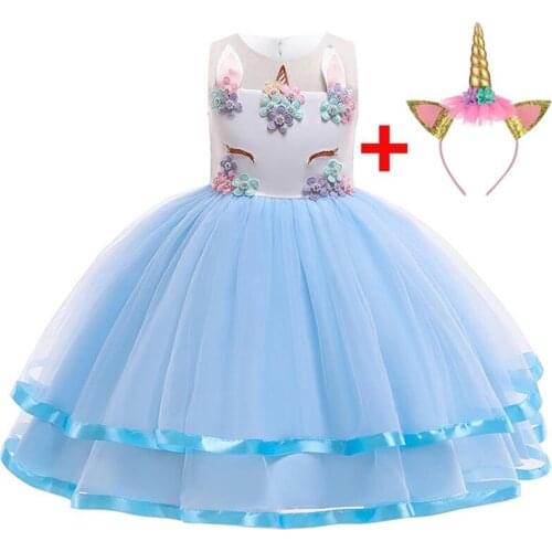 Flower Tutu Unicorn Summer Girls Dress Party Ball Gown Cute Wedding Kids Dresses Birthday Formal Princess Years 3-10