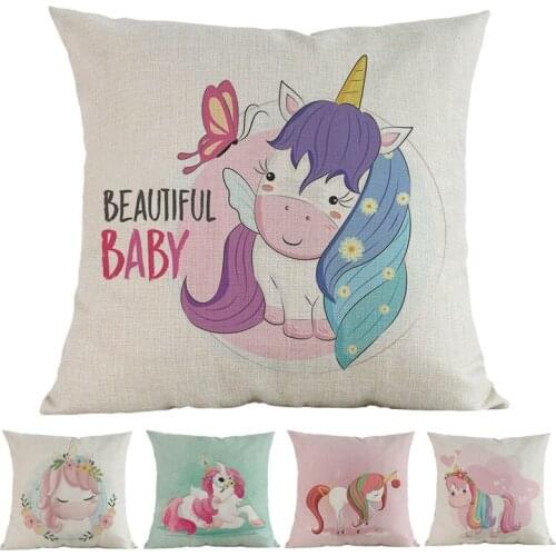 Cartoon Cute Color Unicorn Pattern Linen Pillow Case Home Sofa Children Kids Nursery Room Decorative Cushion Cover 45x45cm