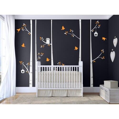 Birch Tree set of 5 tree with owl birds Wall decal Nice wall stickers for kids baby room decor DIY Nursery Tree Poster NY-186