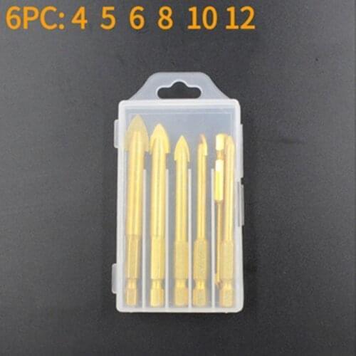 6pcs 1/4" Hex Shank Glass Bits Titanium Coated Glass Drill Set 4 5 6 8 10 12mm Tile Concrete Flat Tip Hole Bit Drilling DB02009