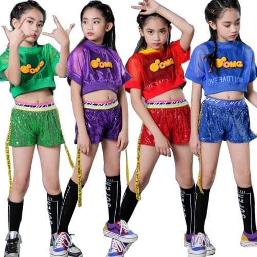 Girls Festival Hip Hop Clothing Dance Costume Cropped Tshirt Sequined short Kids Jazz Ballroom Dancing Street wear Clothes