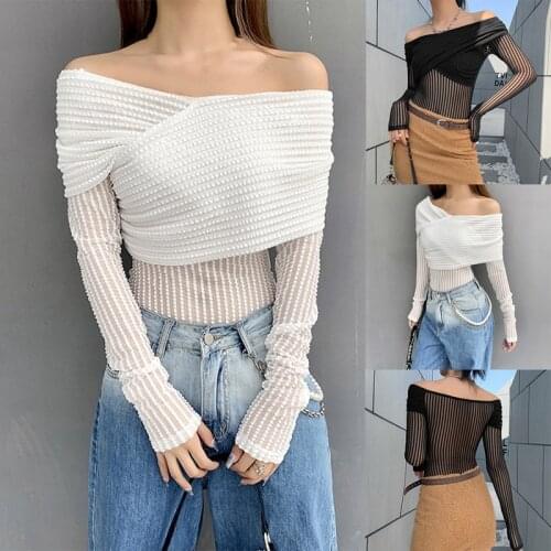 Autumn Style One Word Collar See-Through Bodysuit Women Fashion Sexy Long Sleeves Jumpsuit Womens Solid Color