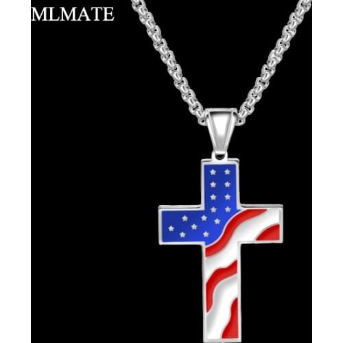 USA American Flag Patriotic Stainless Steel Cross Religious Jewelry Enamel Pendant Necklace