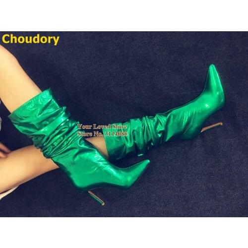 Choudory Green Pearl Patent Leather Middle Boots Stiletto Heels Folded Dress Boots Stage Pointed Toe Glossy Pleated Tall boots