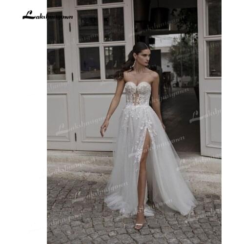 Luxury Tulle A-Line Wedding Dresses Illusion Lace Sweetheart Neck Corset Strapless Backless Side Split Sweep Train Bride Gowns