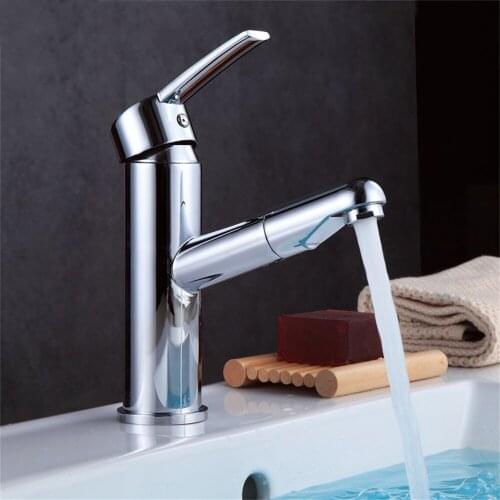 Basin Sink Faucet Single Lever Hot Cold Water Taps Deck Mounted Brass Bathroom Mixers Single Hole Pull Out Sprayer Tap Restroom