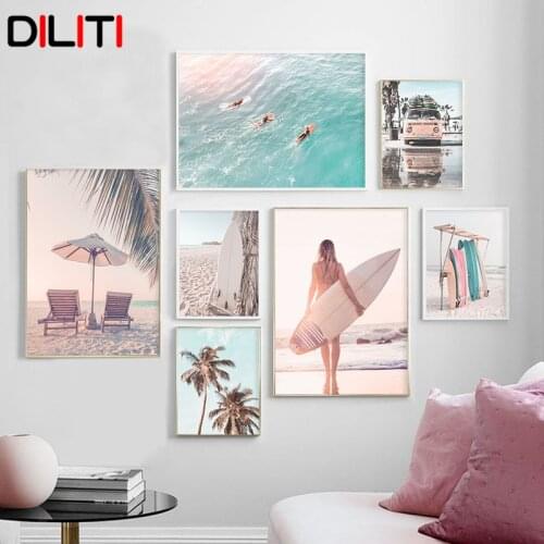 Sunny Beach Bus Palm Trees Nature Landscape Wall Art Nordic Posters and Prints Pictures for Living Room Canvas Painting Decor