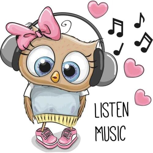 Owl listen to music Iron On Patch Fashion Dress Sweatshirt Heat Press Appliqued A-level Washable Stickers Heat Transfer