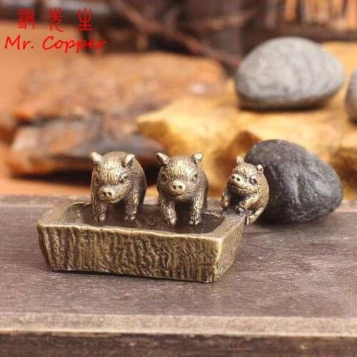 Antique Bronze Three Pigs Brother Statue Desk Ornament Copper Pig Trough Miniature Figurines Incense Burner Lucky Brass Crafts