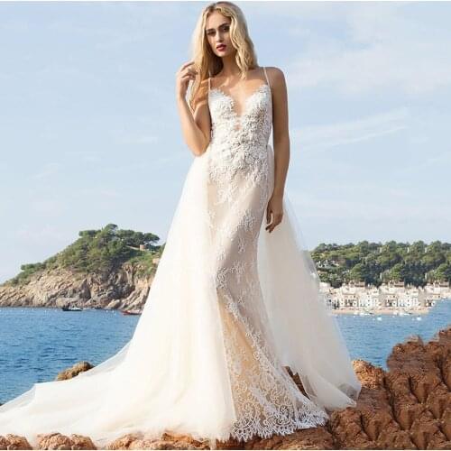 Fashion Detachable Train Lace Mermaid Wedding Dress Spaghetti Straps V-neck Appliques Sleeveless Bridal Gowns
