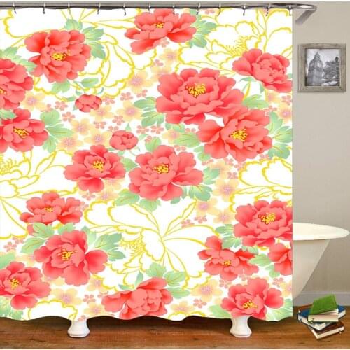 Flowers Fabric Shower Curtains For Bathroom Curtain Set With Hooks Rings Waterproof Bath Curtain White Pink Red Purple 150x180CM
