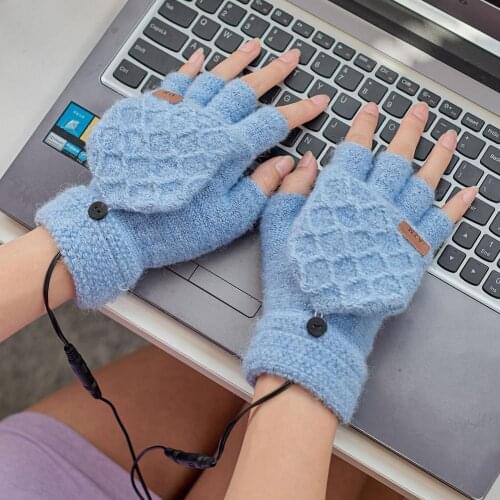 Unisex USB Heated Gloves Winter Thermal Half Fingers Warmer Mittens Electric Heating Gloves Flip Cover