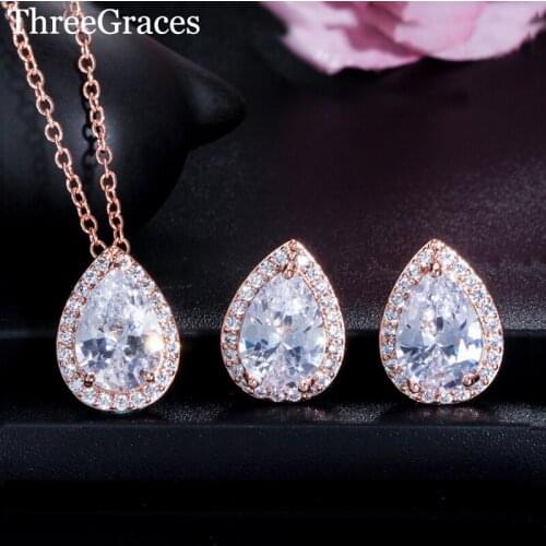ThreeGraces Sweet Pear Cut Teardrop Cubic Zirconia Rose Gold Fashion Ladies Necklace Stud Earrings Jewelry Set for Female JS210