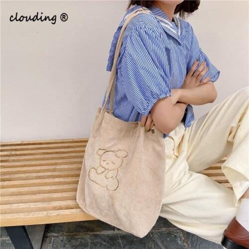 Women Corduroy Embroidery Shoulder Bag Simple Buckle Casual Cute Canvas Bag For Ladies