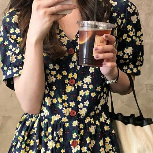 Korean Chic V-neck Summer Dress 2021 Short Sleeve Floral Mini Dress Retro Button Dresses Women Elegant Cotton Clothing New 15227