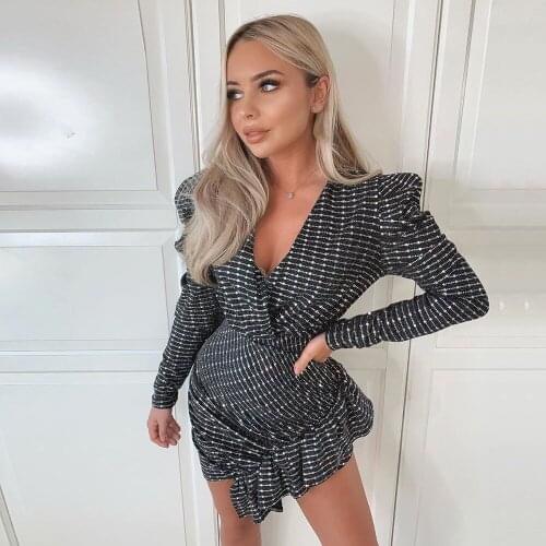 New Design Women Clothing Features Tops Sexy Deep V Ruffled Splicing Clothing Party Sequins Shiny Long Sleeve Slim Stretch Dress