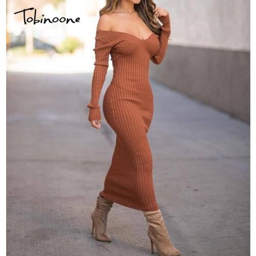 Tobinoone Off Shoulder Knitting Cotton Party Sexy Dress Women Backless Bodycon Dresses Full Sleeve Night Club Long Vestidos