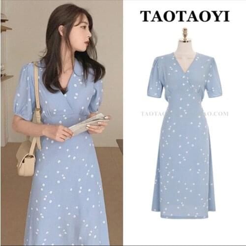 2020 summer vintage floral printed dress women v-neck slim puff sleeve elegant a-line chiffon dress