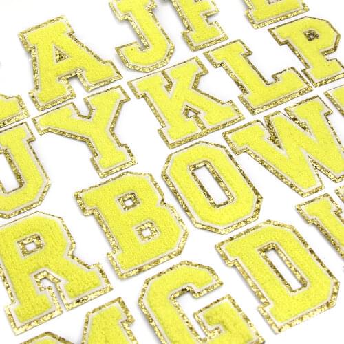 1Pcs Yellow Chenille Letter Patches 3D Letters Embroidered Patches For Clothing Gold Sequins Towel Iron On Patches Appliques