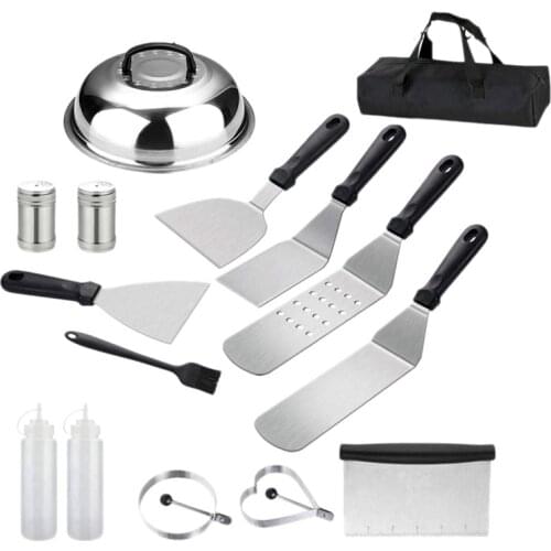 Griddle Accessories 16PC Stainless Steel Grill Griddle Spatula for Cast Teppanyaki Hamburger Cooking Carry Bag Chef Gift