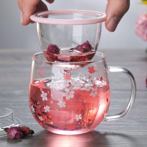 300ml Sakura Mug Glass Mug with Tea Infuser Filter&Lid Cherry Cup Set Blossoms Flower Teacup Glass Cup Set