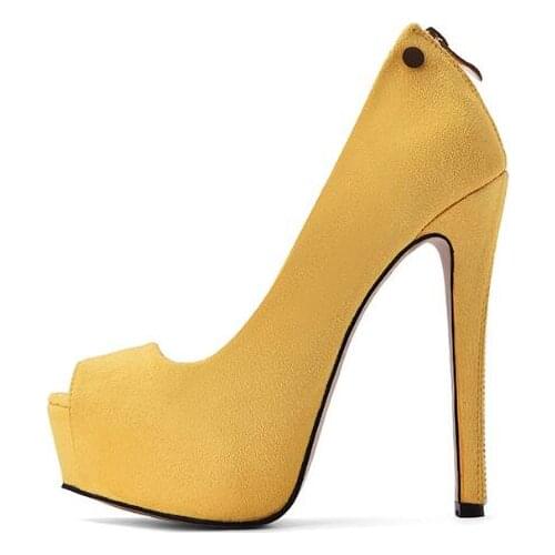 Carpaton Yellow Suede High Heel Shoes Peep Toe Platform Pumps for Woman 2020 Super High Back Zipper Dress Shoes
