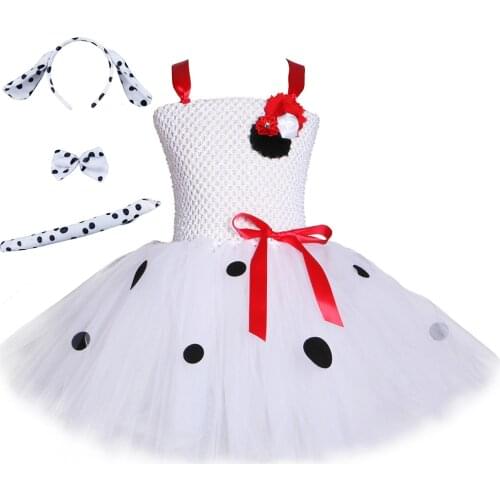 Dalmatian Dog Tutu Dress Costume Set for Girls Halloween Holiday Clothes Polka Dot Flower Baby Kids Birthday Party Dresses 1-12Y