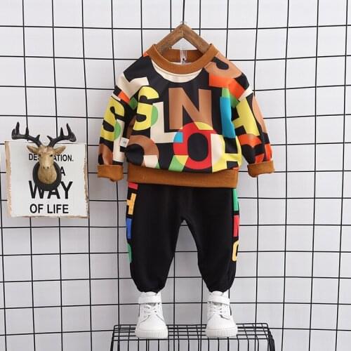 1-4Yrs Spring Autumn Long-sleeved Childrens Suit Baby Boys Long-sleeved Hooded Cotton Sweater Pants Two-piece Suit