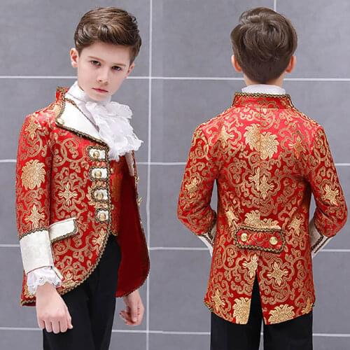Red Boys European Court Drama Costume Children Golden Stage Prince Charming Performance Suit Set Kids Blazer Vest Pants 3 Piece