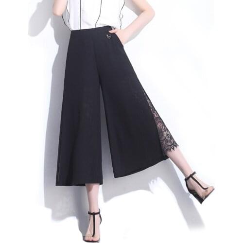 Summer Womens Plus Size Chiffon Wide Leg Slit Pants Loose Lace Black Dot Elegants Calf-Length Thin Trousers For Female Ladies