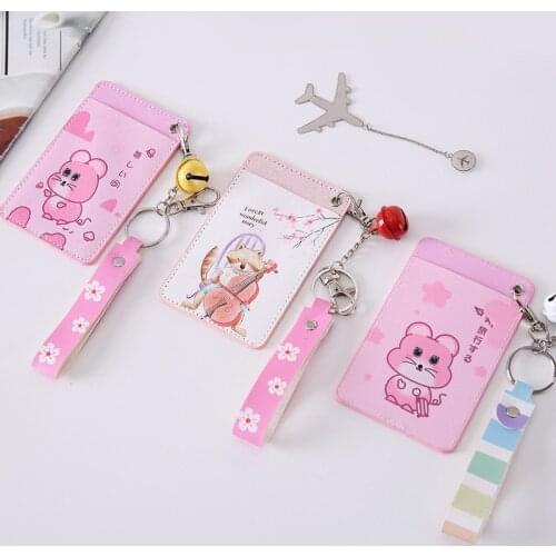 Cute Shiny Pu Leather Card Holder Girl Kawaii Rope Key Chain ID Card Case for Student Name Badge Business Cards Bag female Gift