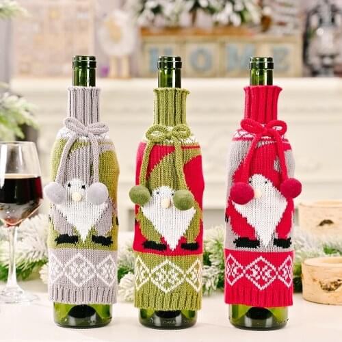 New Popular Christmas Wine Bottle Cover Set Santa Claus Wine Bottle Knit Drawstring Gift Bag New Year Party Table Decoration