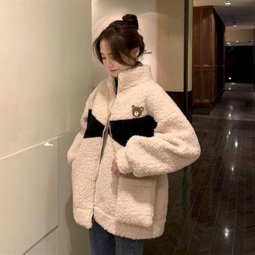 2021 Autumn Winter Lamb Plush Jacket Female Korean Bear Stand-up Collar Fashion Top Women Clothing Oversize Clothes Goth KWAII