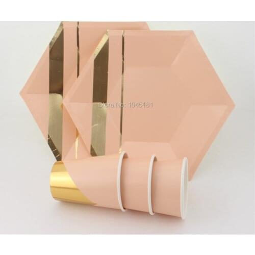 Pink Cake Salad Plates and Beverage Candy Party Cups Gold Foil Paper Tableware Wedding Birthday Decoration Event Party Supplies