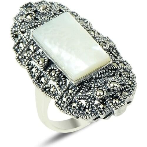 Silverlina Silver Marcasite & Pearl Cubic Zirconia Ring