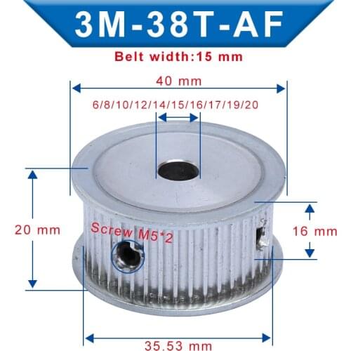 Timing Pulley 3M38T Inner Bore 6/8/10/12/14/15/16/17/19/20 mm Belt Pulley Slot Width 16mm Fit For 3M-synchronous belt Width 15mm