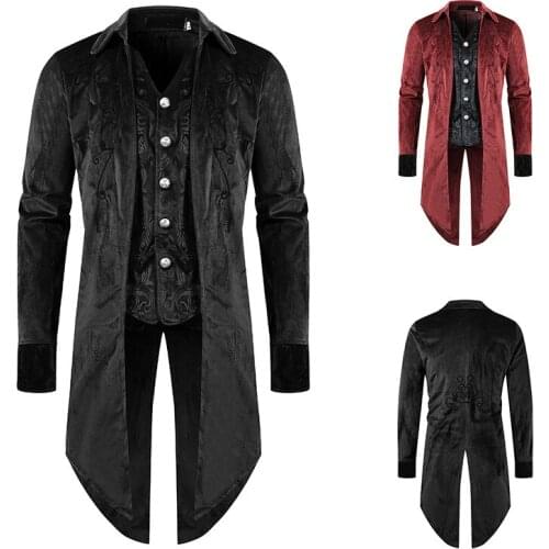 Trench Tuxedo Men Vintage Gothic Long Jakcet Jacquard Button Fake Two Dresses Overcoat Costume Steampunk Tailcoat Dress Suit