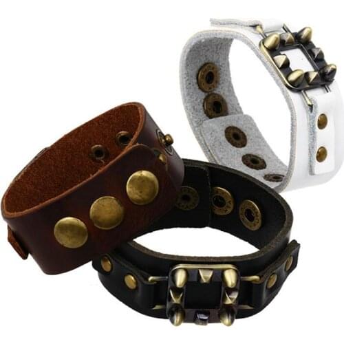 Vintage Retro Spikes Rivet Bracelet Cuff Hippie Bangle Wrap Bronze Charm Leather Chain Wristband for Unisex Punk Fashion Jewelry
