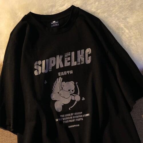 Summer retro cartoon cupid bear short-sleeved female couple loose T-shirt street Tee Harajuku style