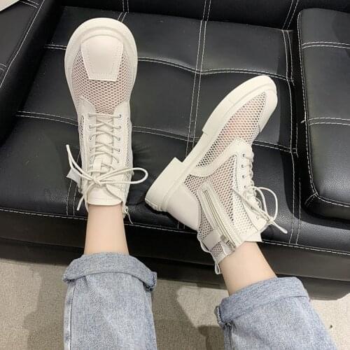 2021 Hollow Out Mesh Summer Ankle Boots Women Breathable Zipper Lace Up Casual Shoes Low Heels Short Booties White