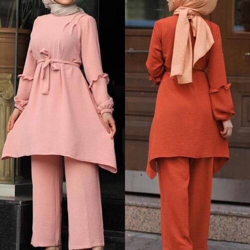 2 Pieces Dubai Muslim Lace-up Tops Pants Suits Female Kaftan Oman Turkish Ramadan Islamic Dress Ruffle Long Sleeve Suits Fashion